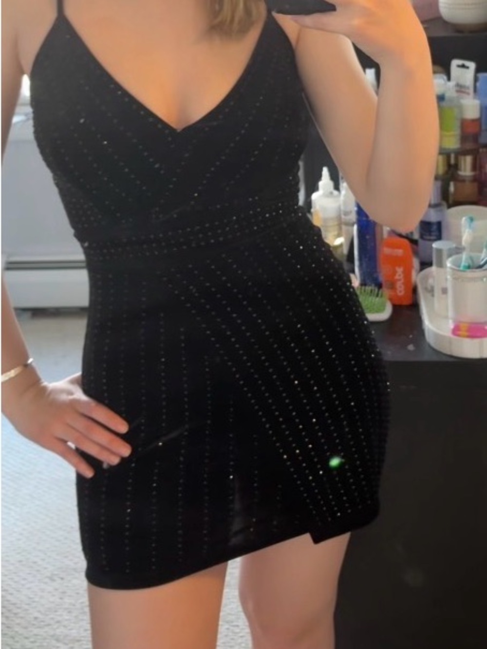 MUST GO! Windsor Cross-Over Black Beaded V-Neck Bodycon Mini Dress